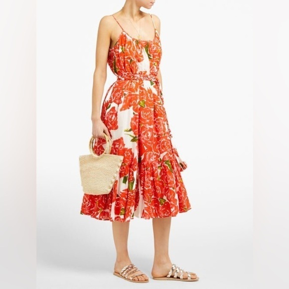 Rhode Women’s Lea Rose Floral Midi Dress Red Size XS Flowy Tiered Sundress - Picture 1 of 10